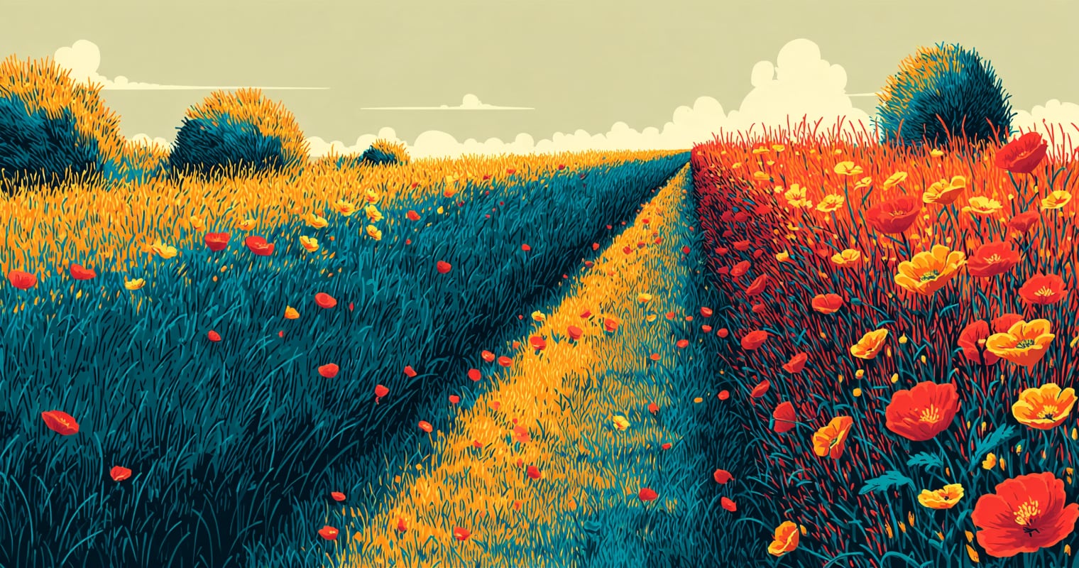 A meadow divided by a path: on one side the grass runs in even rows with a few scattered poppies, on the other the poppies crowd together, tangled and bright.